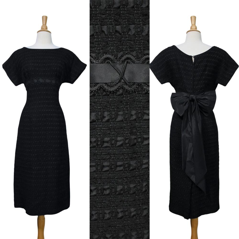 Vintage 50s Black Boucle Ribbon Weave Bow Back Wiggle Cocktail Party Dress
